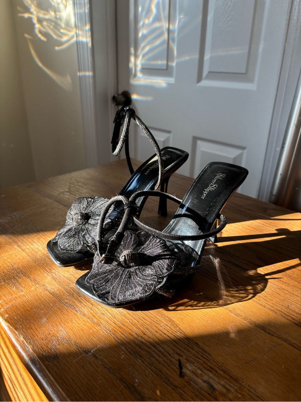 Black Floral Appliqué Strappy Heels - Women